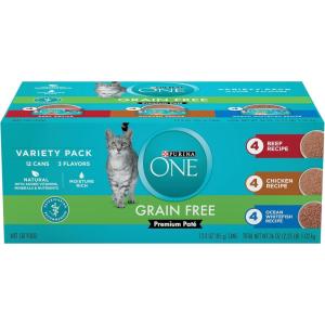 imagePurina ONE Grain Free Natural Pate Wet Cat Food Variety Pack Beef Chicken and Ocean Whitefish Recipes  2 Packs of 12 3 oz PullTop Cans