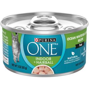 imagePurina ONE Indoor Natural High Protein Pate Wet Cat Food Indoor Advantage Ocean Whitefish ampamp Rice  24 3 oz PullTop CansOcean Whitefish